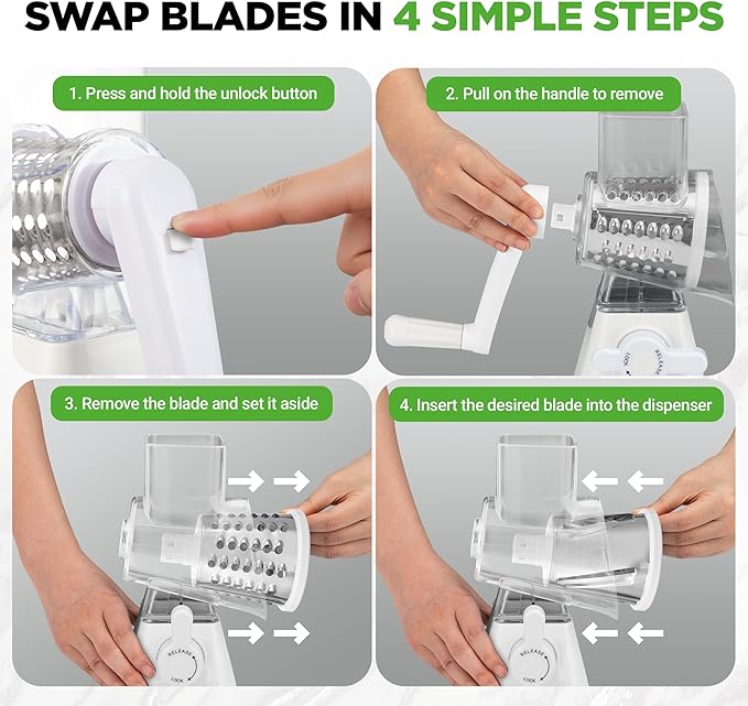 NutriChef 3 in 1 Cheese Grater & Shredder | Strong Suction Base, Rotary Handle with Safety Lock | Includes Hand Crank & 3 Drum Blades for 3 Textures, Fine, Medium & Strips | White