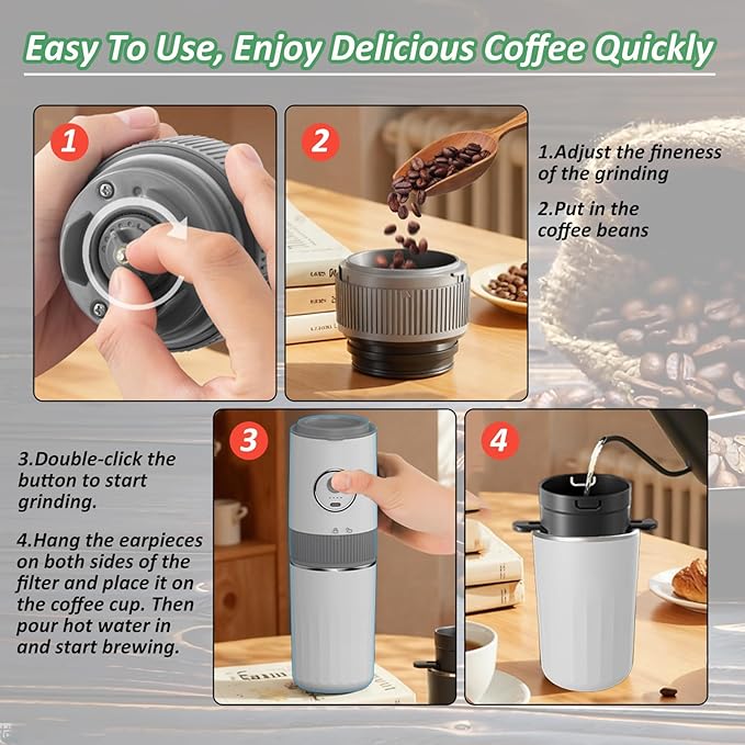Portable Electric Coffee Grinder and Brewing Kit, Rechargeable, Conical Burr Coffee Grinder with Filter, 32g Capacity & 320 ml Coffee Cup for Camping, Travel, Office, Espresso, Pour Over, etc (White)