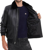 Leather Jacket Men,Lambskin Bomber Jacket with Removable Real Fur Collar,Front Zip Closure, Multiple Pockets