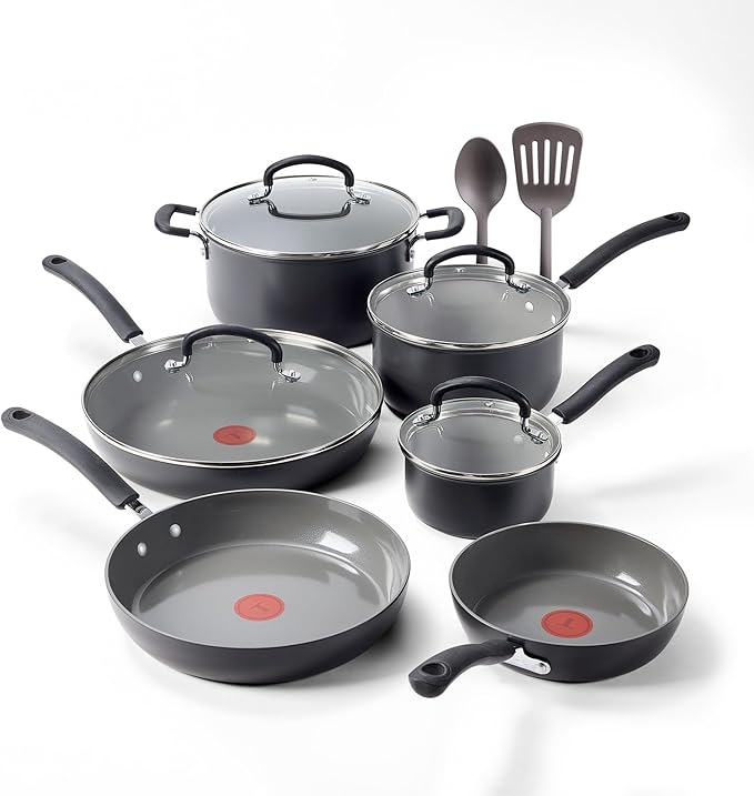 T-Fal Ultimate Hard Anodized 12-Piece Ceramic Nonstick Cookware Set, Oven Safe Up to 400°F, Ceramic Pots and Pans Set, Frying Pans, Saucepan, Stockpot, Cooking Utensils, Stone