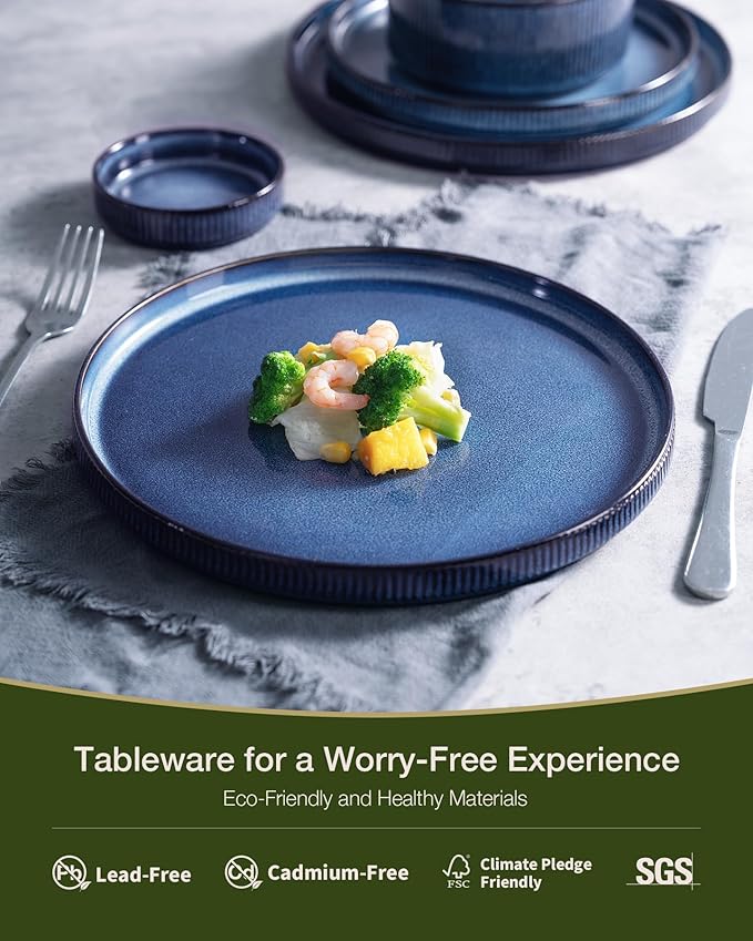 Famiware Star 24-Piece Plates and Bowls Set with Trim, Service for 8 - Stoneware Reactive Glaze Dinnerware, High Edge Ribbed Dishes, Chip & Scratch Resistant, Microwave & Dishwasher Safe, Nebulas Blue