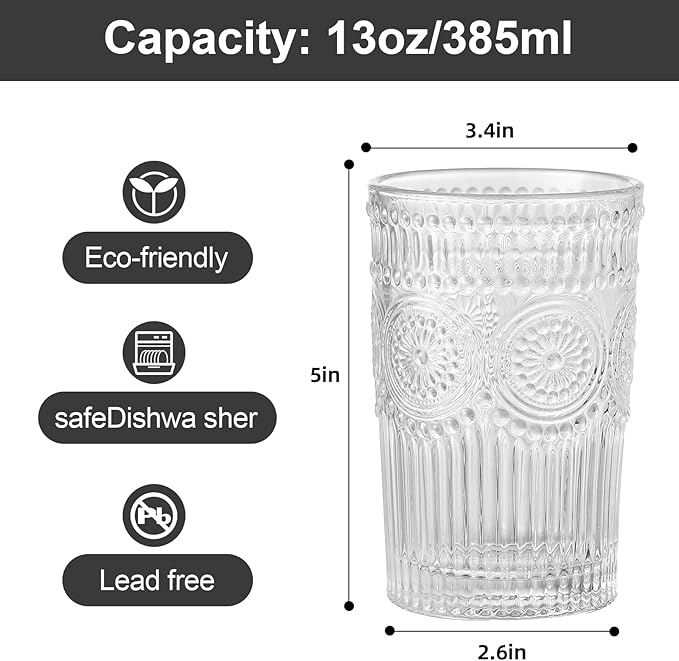 ZMOWIPDL Vintage Glassware Drinking Glasses Set of 6,13 oz Clear Textured Flower Design Glass Water Tumblers，Embossed Striped Drinkware for Water,Cocktails,Juice,Iced Coffee