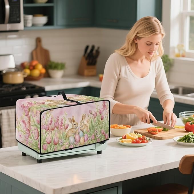Easter Egg Bunny Tulip Print Toaster Oven Cover for Easter Decor, Dust-proof Case for Air Fryer, Heat-resistant Kitchen Countertop Appliance Protector, (Large-18.5*22.5*12.99 inches)