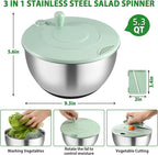 Salad Spinner Stainless Steel, 5.3-Quart Lettuce Washer Spinner with 5 Blades Slicer, Large Vegetables Fruits Wash Bowl with Strainer, Perfect Home Salad Making Tool for Healthy Eaters & Home Cooks