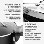 GOTHAM STEEL 5 Qt Nonstick Pasta Pot with Strainer Lid & Twist and Lock Handles, Ceramic Stock Pot with Tempered Glass Lid, Metal Utensil Safe, for Spaghetti Soup & Noodles, Dishwasher Safe, Black