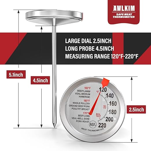 AWLKIM 2 Pack Stainless Steel Meat Thermometer, Safe Leave in Oven, 2.5-in Extra-Large Dial Food Thermometer for Cooking, Temperature Probe for Baking, Steak, Turkey - Kitchen Gadgets - Silver