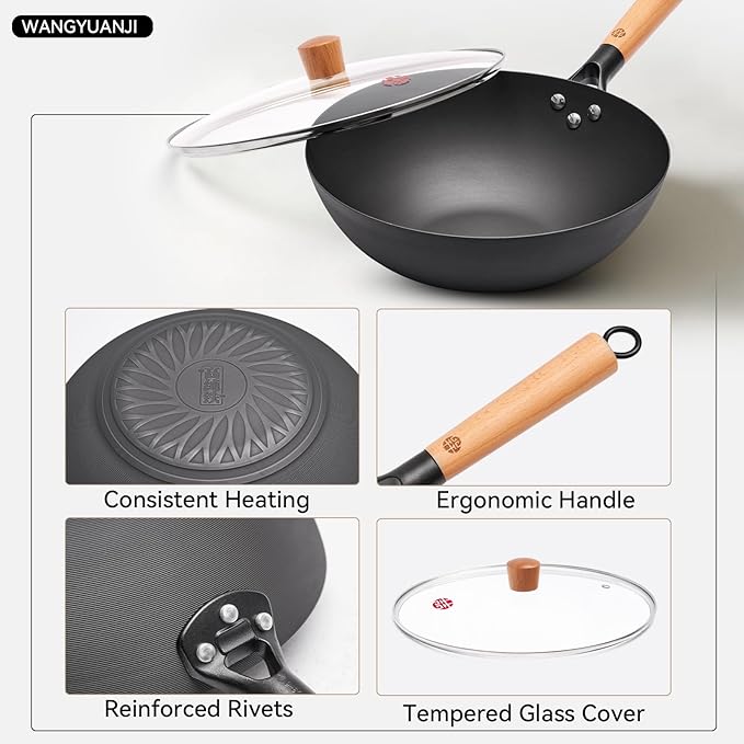 WANGYUANJI 11.8 Inch Iron Wok with Glass Lid, Flat Bottom Stir Fry Pan with Wooden Handle, Non-Coated Naturally Nonstick Skillet, Traditional Chinese Wok for Gas, Electric & Induction Cooking