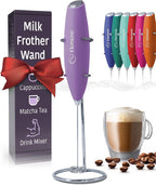 Elementi Milk Frother Wand & Drink Mixer with Stand - Turbo Milk & Coffee Frother Handheld - Hand Held Coffee Mixer Wand & Cold Foam Maker for Frothy Cappuccinos, Lattes & Drink Mixes (Lavender)