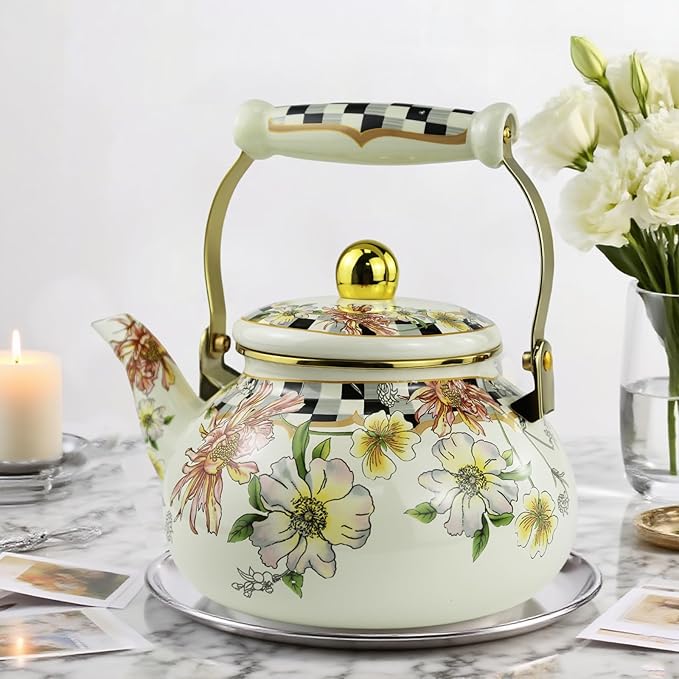 Enamel Tea Kettle, Bohemia 2.5L Vintage Floral Enamel Steel Teapot for Stovetop - No Whistling, Lead-Free, Retro Decor & Hot Water/Coffee Tea Pot, Ideal Housewarming/Wedding Gift
