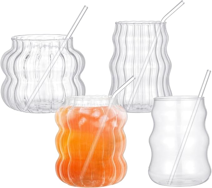 Ziliny 4 Pcs Creative Glassware Set Wave Shape Drinking Glasses with Glass Straw Aesthetic Cups Vintage Ribbed Glass Cups Cute Drinking Glasses for Tea Beer Water Cocktail Coffee Beverage Kitchen