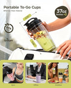 iCucina Smoothie Blender, 1000W Personal Blender for Shakes and Smoothies with 2 x 37oz Protable Cups and Lids, Single Serve Blenders for Ice Crushing, Bean Grinding, Frozen Fruit Drinks, Black
