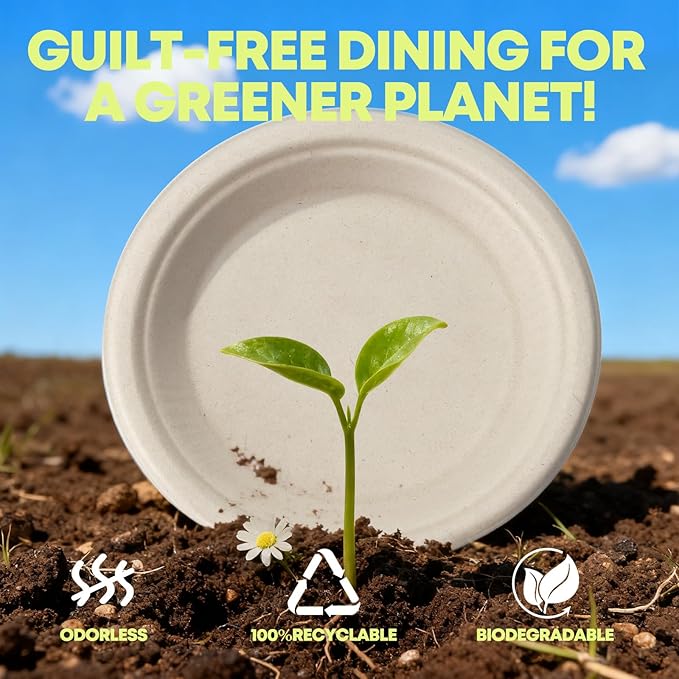W&Y 100 Pack 6 Inch Disposable Small Paper Plates,Heavy Duty Dessert Plates - Compostable, Microwave-Safe, Leak-Proof, Ideal for Parties, Picnics & Daily Use