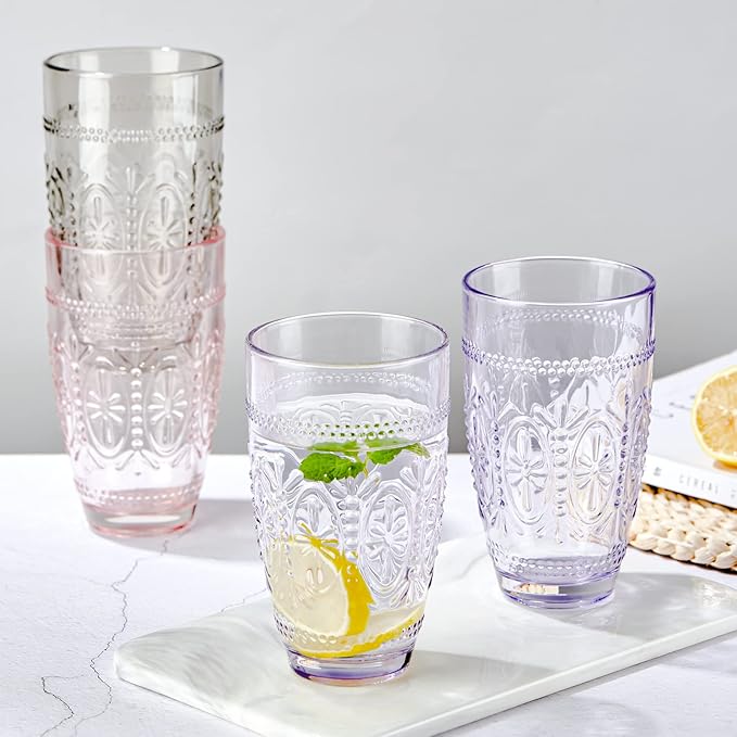 CREATIVELAND Colored Vintage Drinking Glasses Set of 4, 15.5 oz Romantic Embossed Water Glasses, Colored Tumblers Tempered Glass for Juice, Beverages, Beer, Cocktail (Gray)