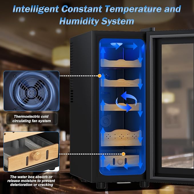 Electric Humidor-35L Cooling & Heating Humidor Smart Touch Control Humidity & Temp Humidors wtih Spanish Cedar Wood Tray, Digital Display, Safety Lock, Desktop Gift for Men