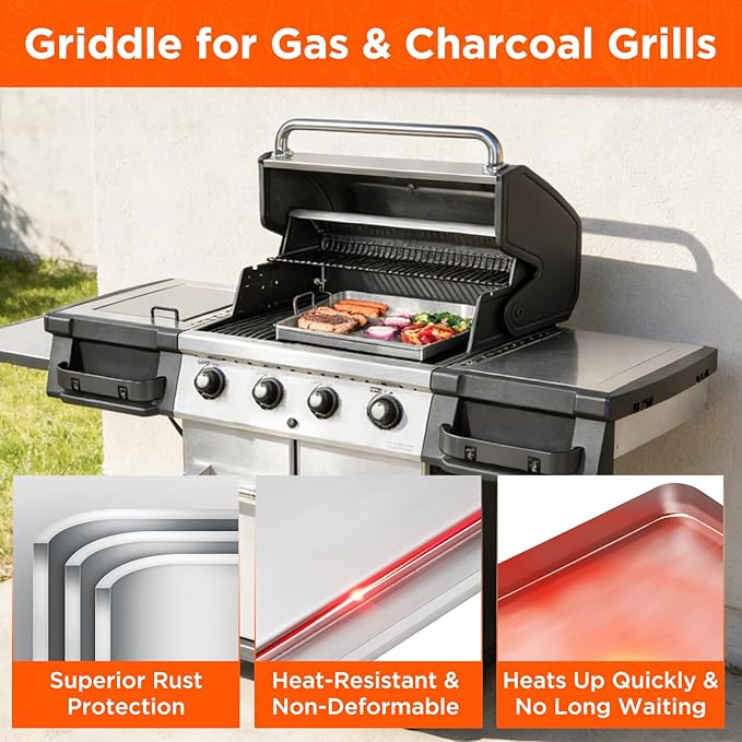 23" x 16" Stainless Steel Flat Top Griddle for Gas & Charcoal Grills, Universal Design for Outdoor & Home Cooking, with Grease Groove & Removable Handle, Ideal for Tailgating & Backyard Parties