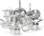 T-fal Gourmet 15-Piece Stainless Steel Cookware Set, Pots and Pans Cooking Set, Dishwasher Safe, Oven Safe to 500°F, Induction Compatible, Stock Pot, Sauce, Saute, Frying Pans, Silver