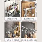 Hanging Wall Mount knife Wall Mount, Kitchen Organizer Storage Shelf for Utensils Spatula Spoon, Space-Saving Knife Rack with Hooks,Wall-Mounted Utensil Holder (Black, 60CM+Three Poles+10Hooks)