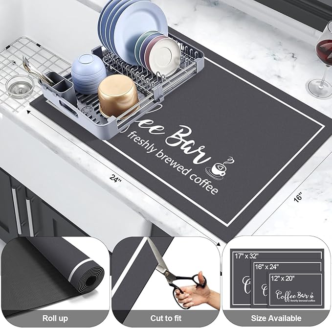 Findosom Dish Drying Mat, 16"x 24" Super Absorbent & Hide Stain Coffee Mat, Cuttable Drying Mat for Kitchen Counter, Coffee Bar Accessories, Under Dish Rack, Coffee Maker, Espresso Machine, DarkGrey