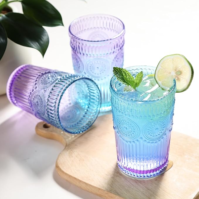 Loivttvv 6pcs Vintage Drinking Glasses Set, 12 oz Glass Cups, Embossed Ribbed Glassware Drinking Glasses for Cocktail, Water, Juice, Coffee, Whiskey