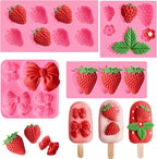 JOERSH 4PCS Strawberry Fondant Molds, Bow Fondant Silicone Molds, Fruit Baking Mold for Cake Decorating, Cupcake Topper, Chocolate, Candy, Candle, Clay