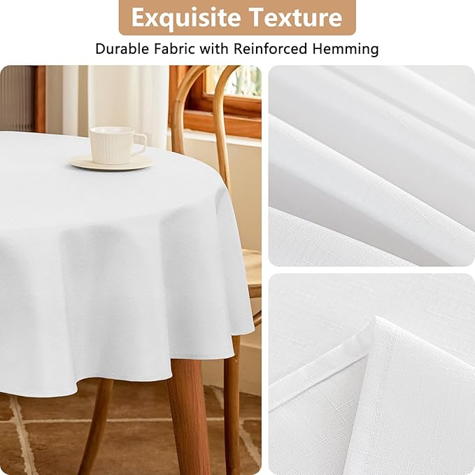 Fabric 60 Inch Round White Table Cloth, Faux Linen Textured Water Resistant & Wipeable Circle Tablecloth, Reusable for Dinning Kitchen Patio