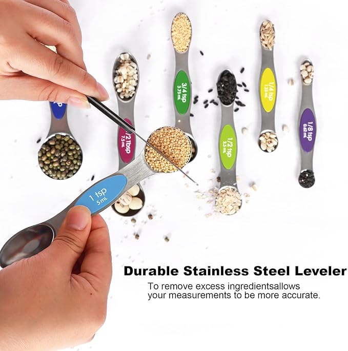Magnetic Measuring Spoons Set Stainless Steel with Leveler, 8pcs Multicolors Measuring Cups Set for Baking, Measuring Cups and Spoon Set Kitchen Gadgets Apartment Essentials Fits in Spice Jars