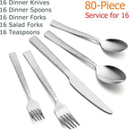 E-far 80-Piece Hammered Silverware Set, Stainless Steel Square Flatware Set Service for 16, Tableware Cutlery Set Includes Forks Spoons Knives, Modern Design & Mirror Polished - Dishwasher Safe