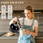 GGC 2.6QT Tea Kettle for Stove Tops, Whistling Tea Kettles for Boiling Water Coffee or Milk, Black Stainless Steel Tea Pots with Folding Handle, Thumb Design Control Kettle Outlet