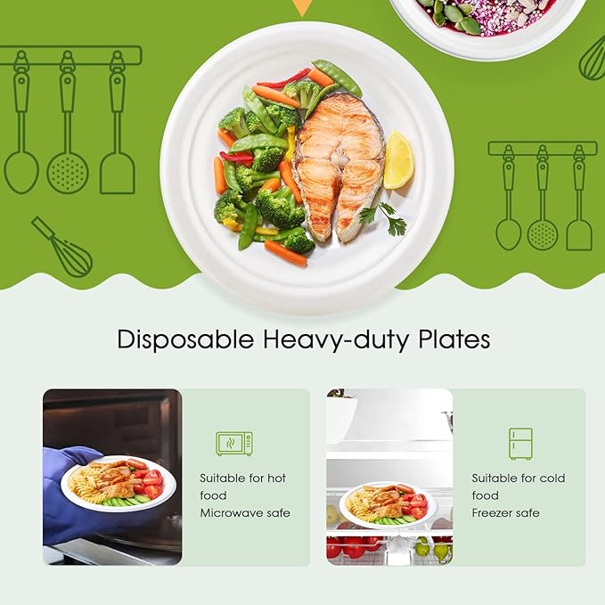 ECOLipak 9 inch 150 Pack Compostable Paper Plates, Heavy Duty Disposable Biodegradable Eco-friendly Sugarcane Bagasse Plates for Party Thanksgiving