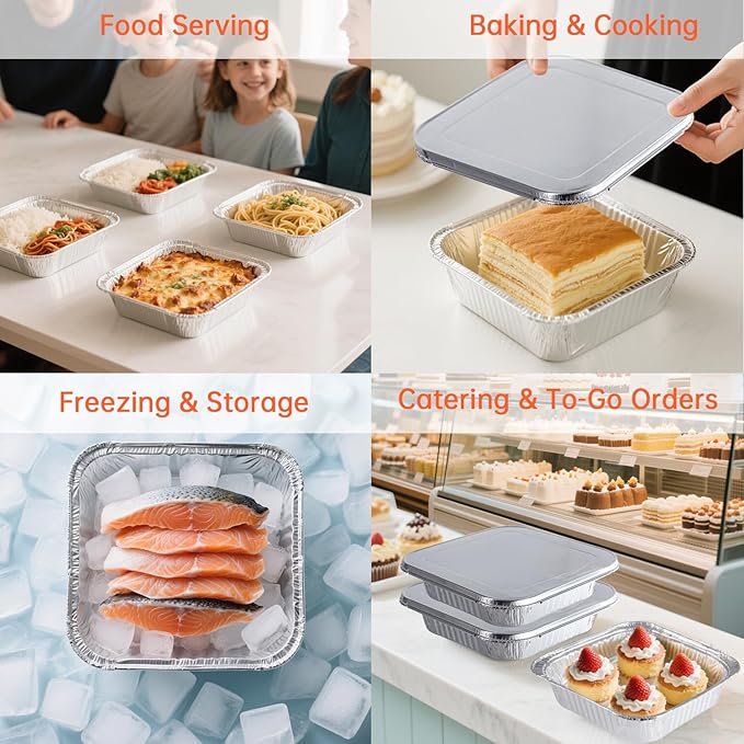 8x8 Aluminum Pans with Lids - 10 Pack Disposable Baking Pans, Tin Foil Pans with Lids for Holiday Cooking, Christmas, Parties Meal Prep, Storage, Heating and Baking