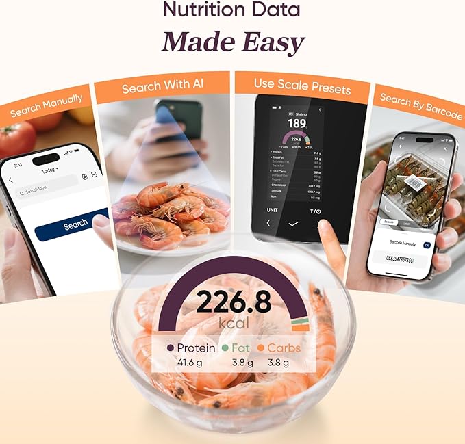 Cosori Smart Food Kitchen Scale with Nutritional Calculator, Free App for AI Scan, Calorie & Macro Tracking, Food Preload, On-Screen Nutrient Info, Personal Goals, Rechargeable, 11 lb / 5 kg