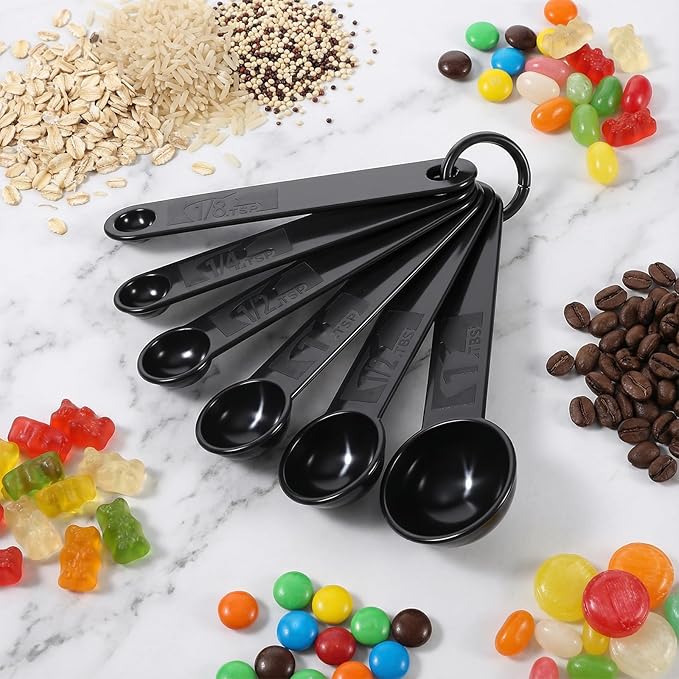 5Pcs Black Measuring Spoons Universal Easy to Read Measuring Cup and Spoon Set with Soft Grip Handle Plastic Cups and Spoons for Baking&Kitchen Hang Hole and Nesting for Easy Storage