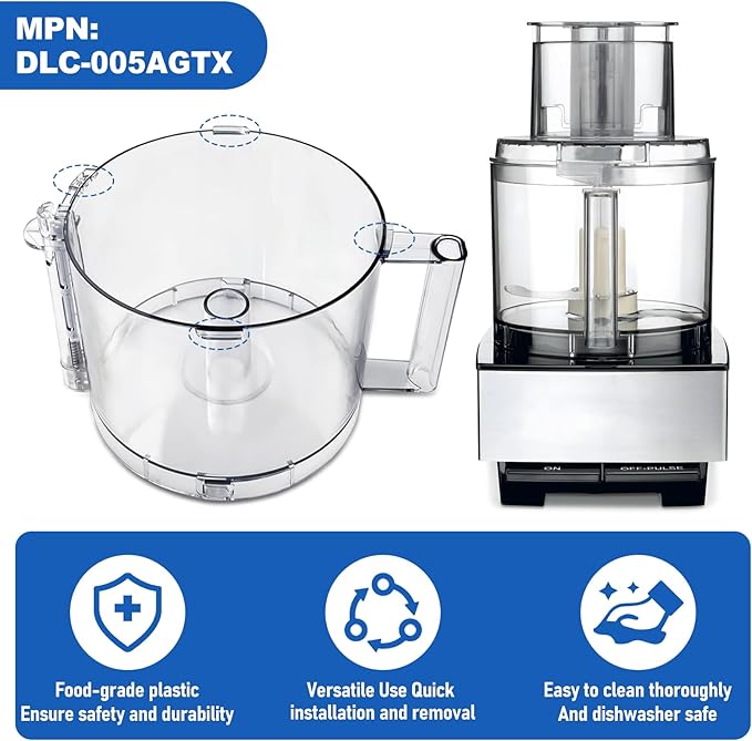 DLC-005AGTXT1 14-Cup Capacity Food Processor Working Bowl - Compatible with Cuisinart DFP-14 Series, Equipped with 4 Locking Clips, Suitable for DFP-14NWBCT1 Working Bowl Lid