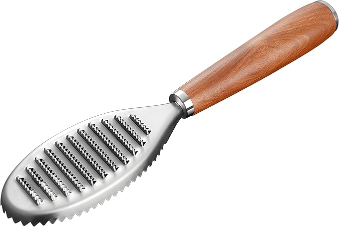 Stainless Steel Fish Scale Remover, Manual Fish Scaler with Wood Handle, Fish Cleaning Tool, Built-in Ginger Garlic Grater, Descale Kitchen Gadgets