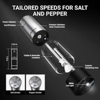 ThermoMaven Electric Salt and Pepper Grinder Set, 110ml Larger Rechargeable Automatic Salt and Pepper Mill Grinder with 6 Adjustable Coarseness, Electric Salt and Pepper Shakers, LED, 2 Packs, Black