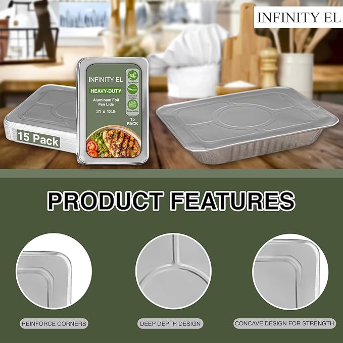 INFINITY EL Disposable Aluminum Foil Pan Lids 15 Pack | Full Size 21" x 13.5" Insulated Foil Pan Lids | Heavy Duty Aluminum Foil Lids for Catering, Food Storage, Turkey, Lasagna, Parties & Meal Prep
