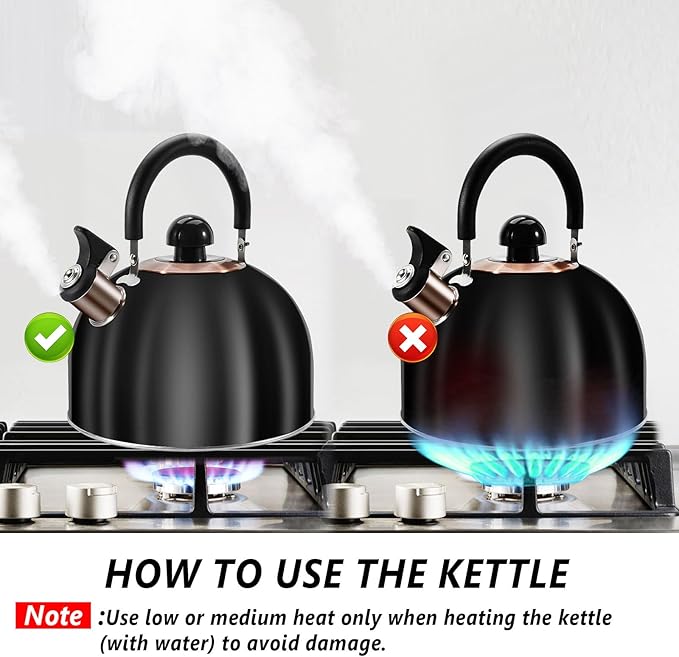 Tea Kettle,Whistling Tea Kettle Stovetop 2.6 Quart, Tea Pots for Stove Top Food Grade Stainless Steel,Wood Pattern Handle(Black),With Anti Scald Towel