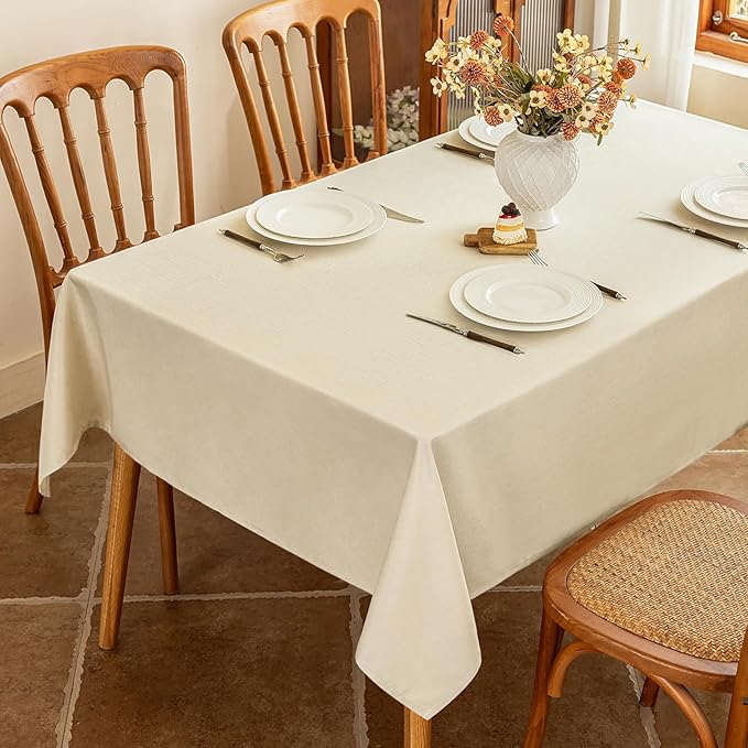 Fabric Rectangle Table Cloth for 8 Foot Rectangular Table, Faux Linen Textured Water Resistant & Wipeable Tablecloth, Reusable for Dinning Banquet Holiday, 54 x 108 Inch, Beige