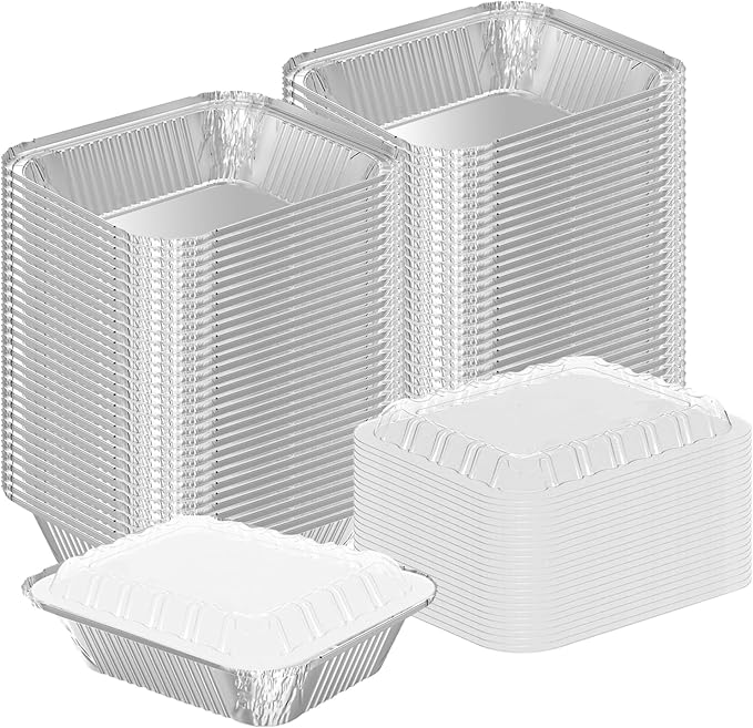 WANBAO 100 PACK 8.3"x6.2" Disposable Tin Foil Pans with Plastic Lids 2.25LB Aluminum Foil Food Containers for Cooking, Baking, Catering Party Meal Prep, Take Out, Freeze, Food Storage
