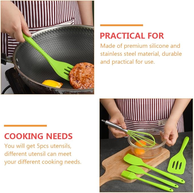 VICASKY 5pcs Silicone Kitchen Utensil Set with Spatula, Whisk, and Scraper, Heat Resistant Nonstick Cooking Gadgets for Baking and Food Preparation, Green