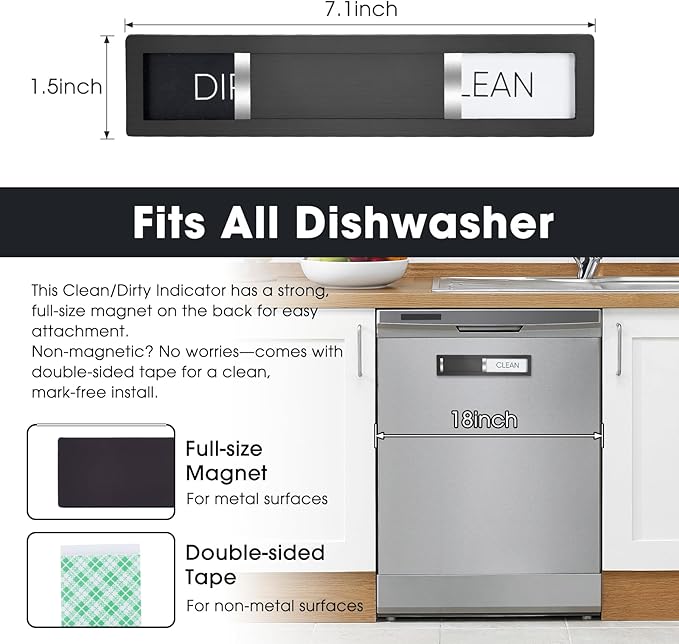Dishwasher Magnet Clean Dirty Sign, HYF DESIGN Grade 304 Stainless Steel, Non-Scratch/Easy to Read & Slide/Strong Clean Dirty Magnet for Dishwasher, Extra Adhesive Tapes Included(Black-04)