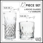 Vikko Rock and Tumbler Set, 12 Piece Set of Elegant Glasses, 6 Tall 12.25 Ounce Glasses and 6 Short 11.25 ounce Whiskey Glasses