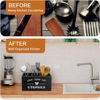 MINCORD Kitchen Utensil Holder with 3 Compartments, Rustic Wooden Storage Organizer Box Vintage Cutlery Farmhouse Flatware Utensil Caddy Countertop for Silverware Fork Spoon Spatula