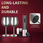 Electric Wine Opener Set Rechargeable, Automatic Corkscrew Kit, Including Stainless Steel Wine Glass of 2, Silver, Ideal Gift for Wedding, Wine Lover, Birthday, Girl, Men