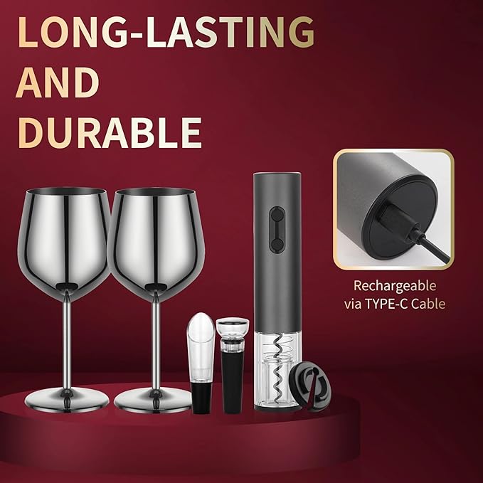 Electric Wine Opener Set Rechargeable, Automatic Corkscrew Kit, Including Stainless Steel Wine Glass of 2, Silver, Ideal Gift for Wedding, Wine Lover, Birthday, Girl, Men