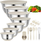 CHAREADA Mixing Bowls with Airtight Lids, 18pcs Stainless Steel Nesting Colorful Mixing Bowls Set Non-slip Silicone Bottom, Size 4.5, 3.6, 2.7, 2.1, 1.7, 1.1, 0.7 qt, Fit for Mixing & Serving (Khaki)