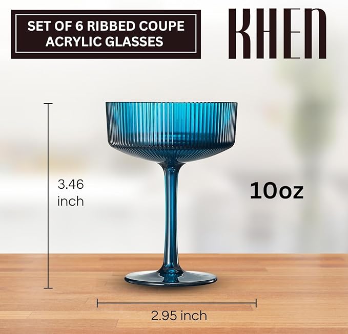 Khen Plastic Acrylic Ribbed Vintage Art Deco Martini, Champagne & Cocktail Retro Color Shatterproof Coupe Glasses | Set of 6 | 8 oz Ripple Glassware Classic Cocktail Indoor & Outdoor, European Style