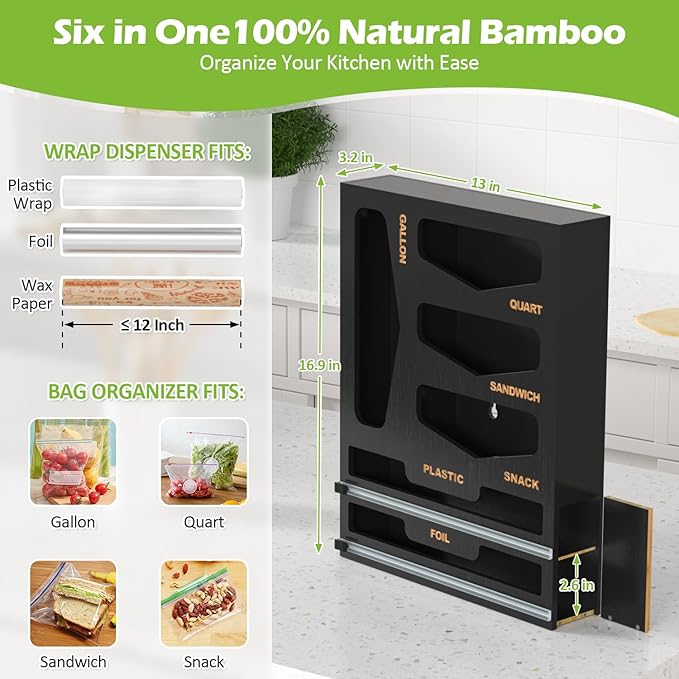 6 in 1 Bag Organizer and Wrap Dispenser with Magnetic Lid - Plastic Wrap Dispenser with Cutter for Kitchen Drawer, Storage for Gallon, Quart, Sandwich, Snack Bags, and Foil Black