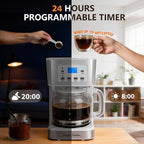 Taylor Swoden 12-Cup Programmable Coffee Maker, Regular & Strong Brew Drip Coffee Machine for Home and Office, Glass Carafe, Pause & Serve, Auto Shut Off, White & Stainless Steel