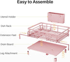 SNTD Dish Drying Rack - Extendable Dish Rack, Large Sink Drying Dish Drainer for Kitchen Counter, Stainless Steel Dish Strainer with Utensil Holder (Pink)
